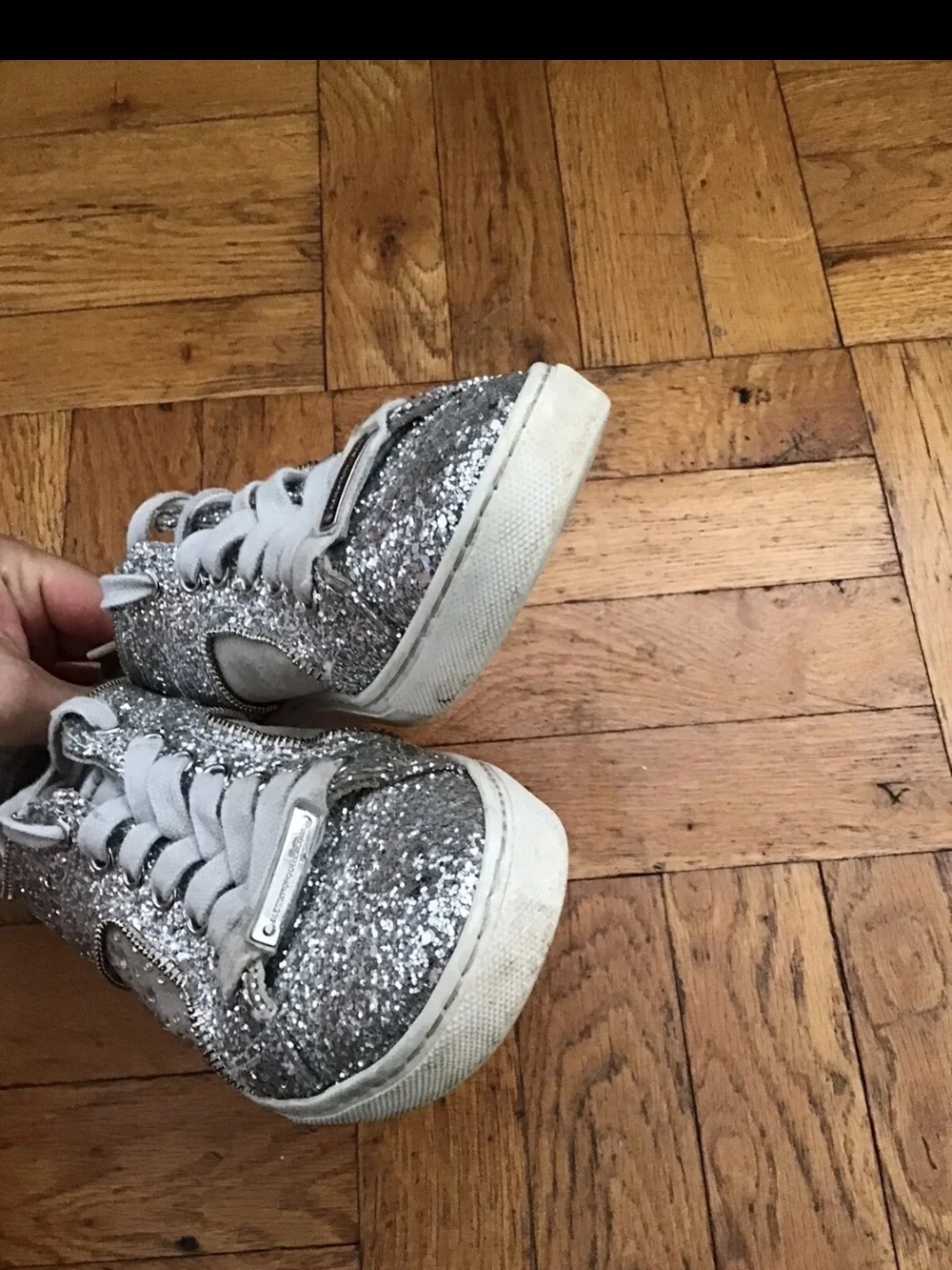 Alessandro Dell’ Acqua Size 6/36 Leather Solid Silver Glitter Lace-up Sneakers